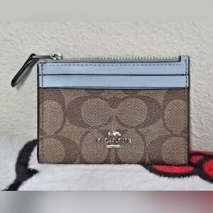 Coach Signature Canvas Card Case with Sky Blue Trim